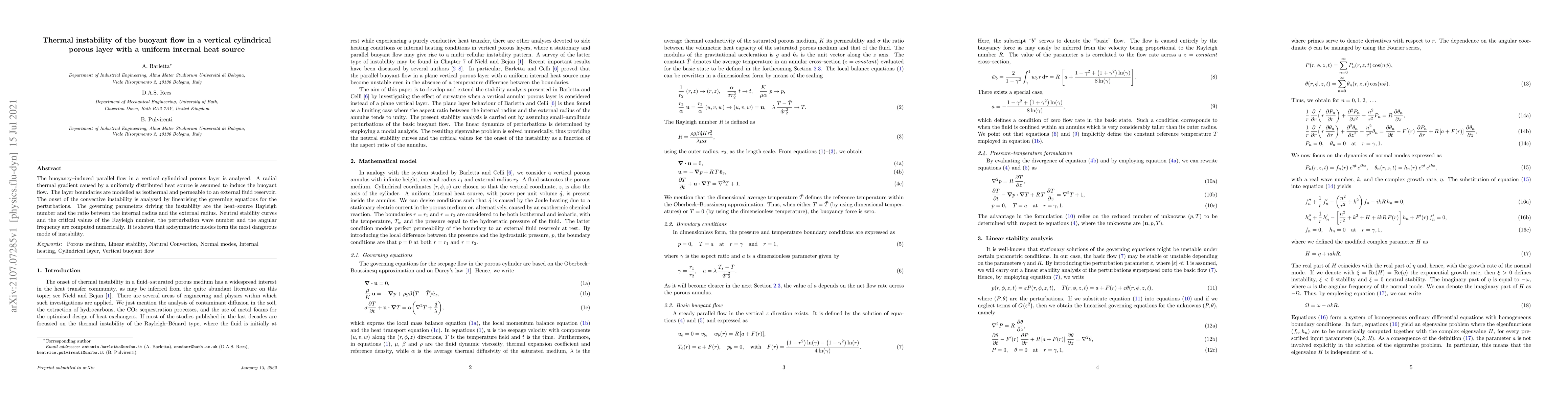 Thumbnail for Thermal instability of the buoyant flow in a vertical cylindrical porous
  layer with a uniform internal heat source