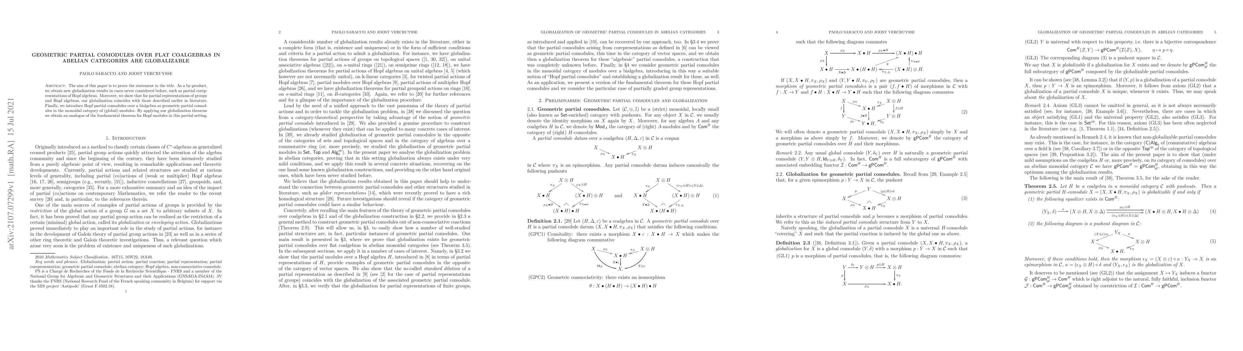 Thumbnail for Geometric partial comodules over flat coalgebras in Abelian categories
  are globalizable