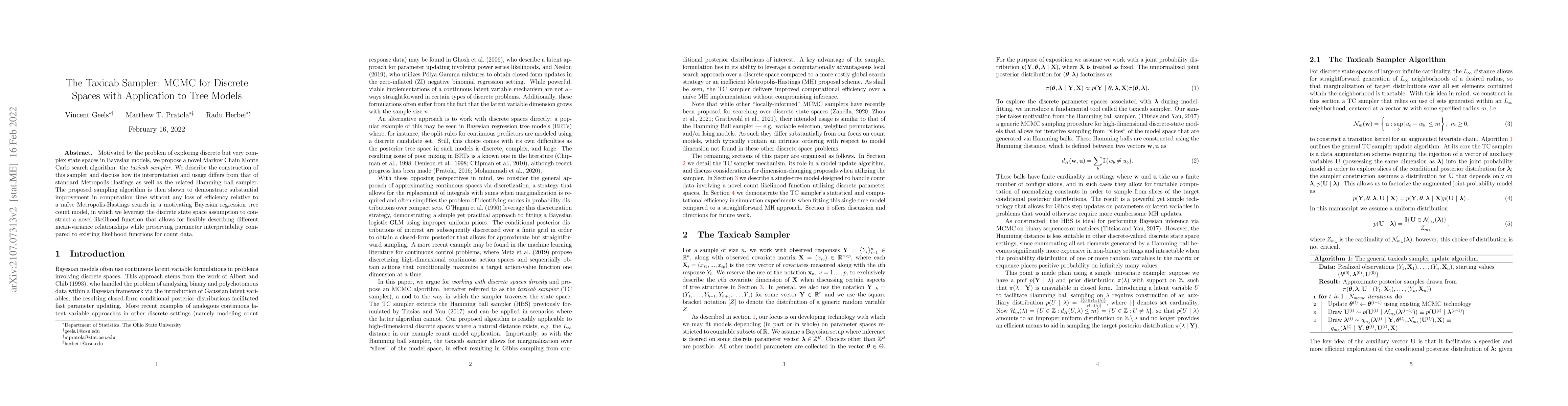 Thumbnail for The Taxicab Sampler: MCMC for Discrete Spaces with Application to Tree
  Models