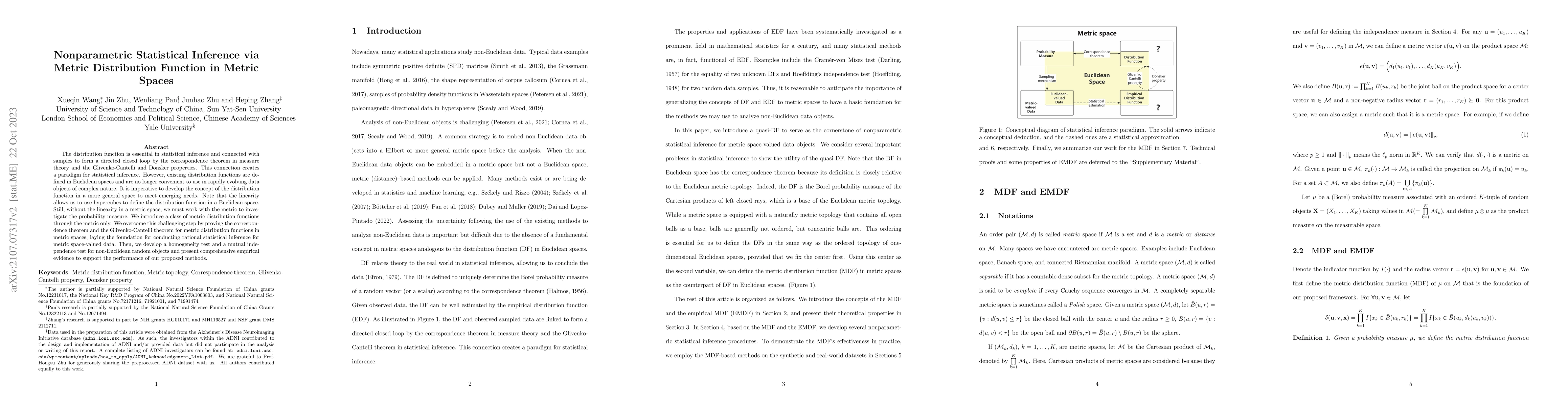 Thumbnail for Nonparametric Statistical Inference via Metric Distribution Function in
  Metric Spaces