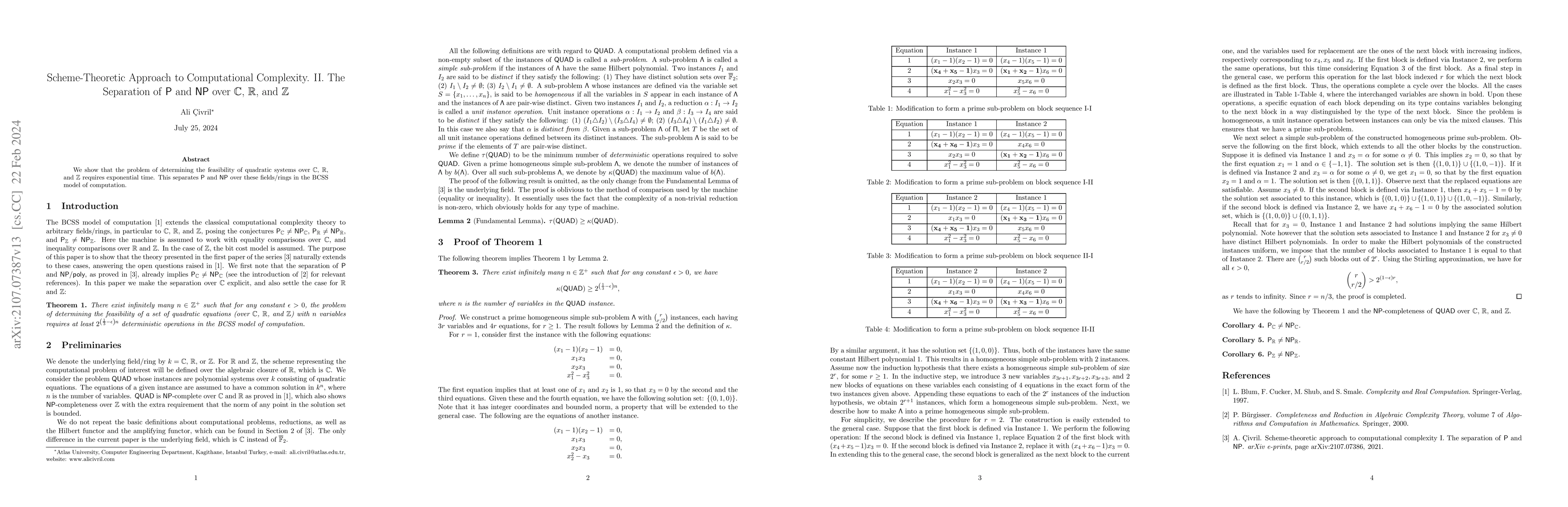 Thumbnail for Scheme-theoretic Approach to Computational Complexity II. The Separation
  of P and NP over $\mathbb{C}$, $\mathbb{R}$, and $\mathbb{Z}$