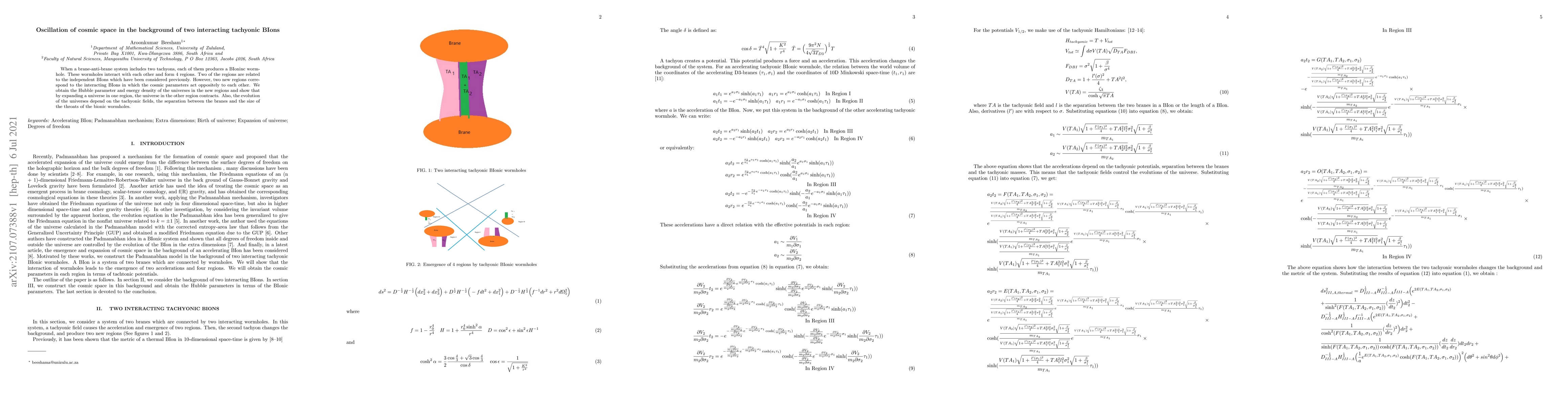 Thumbnail for Oscillation of cosmic space in the background of two interacting
  tachyonic BIons