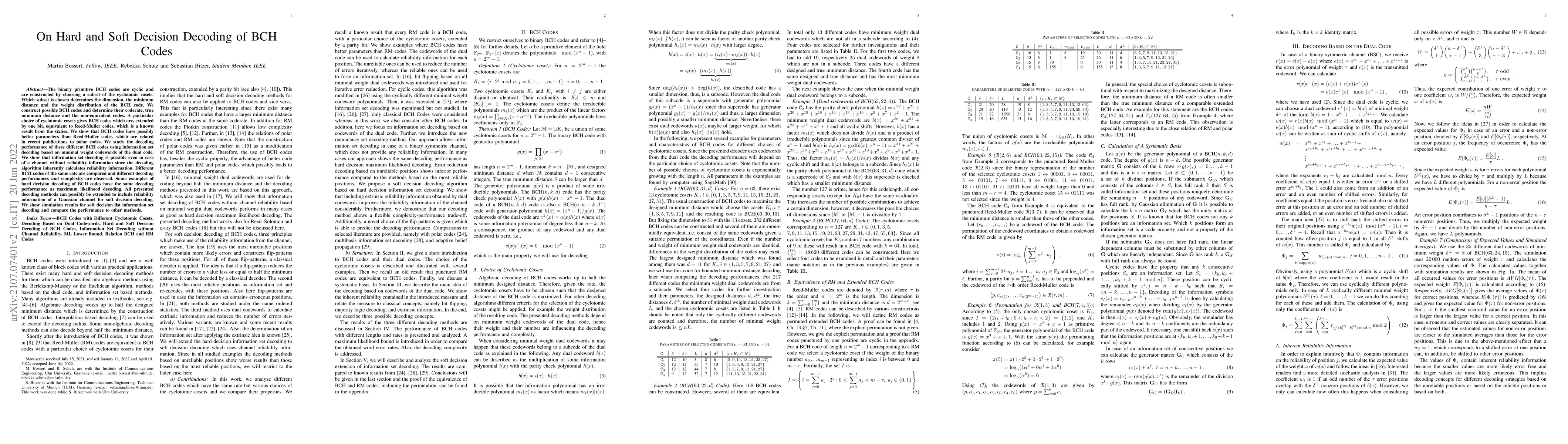 Thumbnail for On Hard and Soft Decision Decoding of BCH Codes