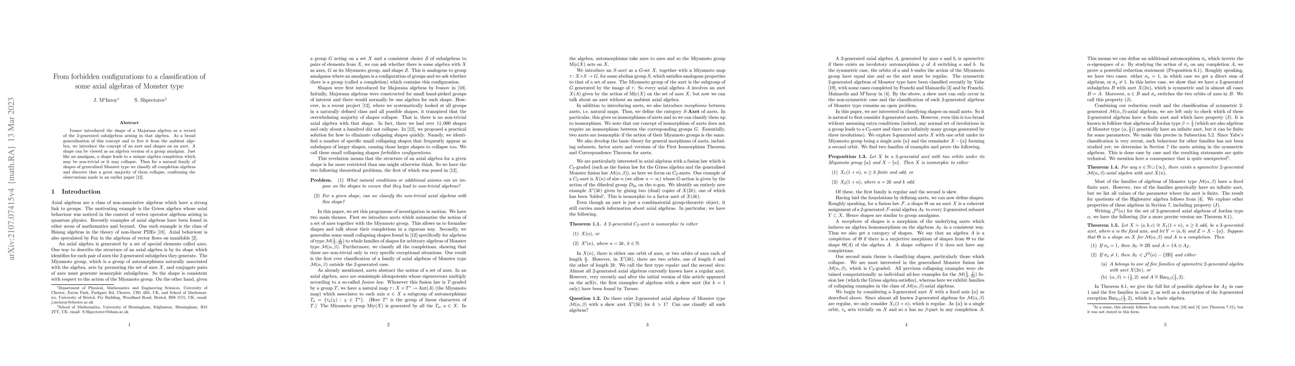 Thumbnail for From forbidden configurations to a classification of some axial algebras
  of Monster type