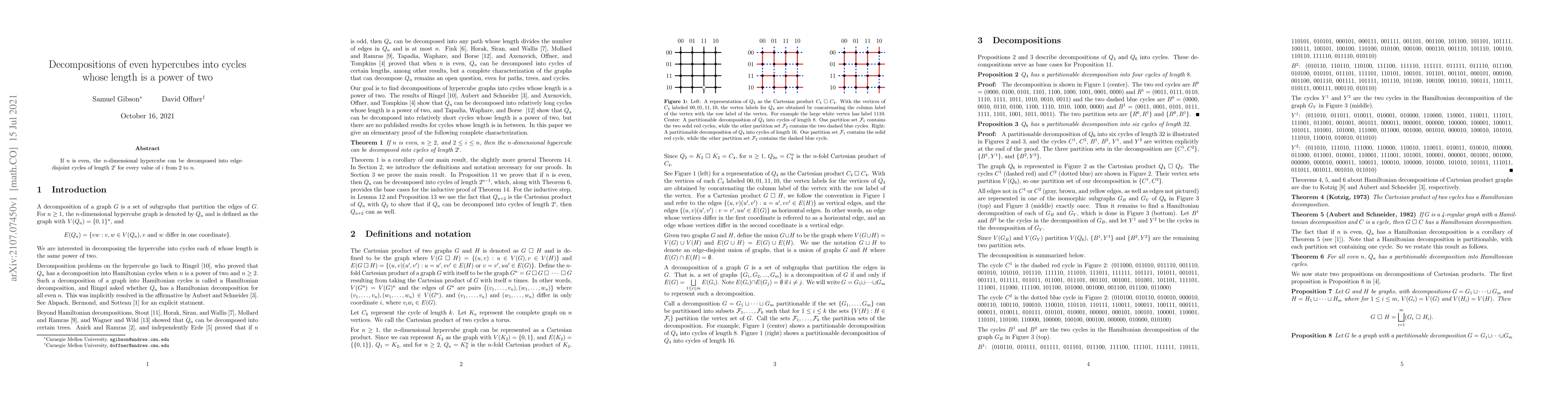 Thumbnail for Decompositions of even hypercubes into cycles whose length is a power of
  two