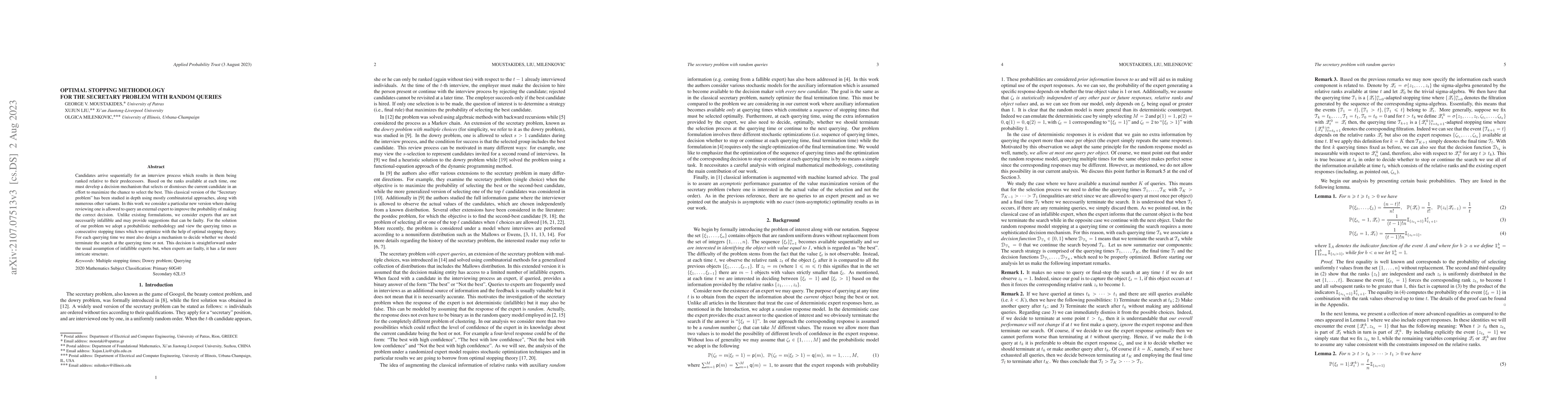 Thumbnail for Optimal Stopping Methodology for the Secretary Problem with Random
  Queries