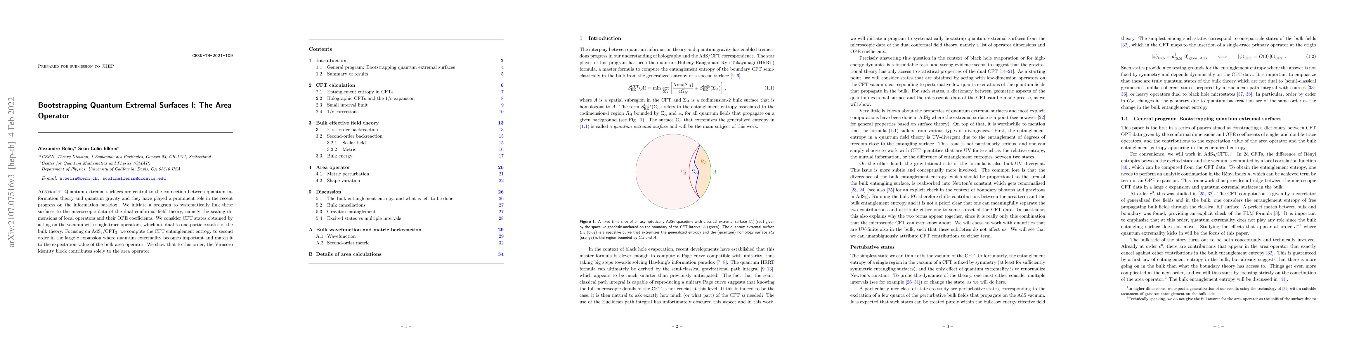 Thumbnail for Bootstrapping Quantum Extremal Surfaces I: The Area Operator