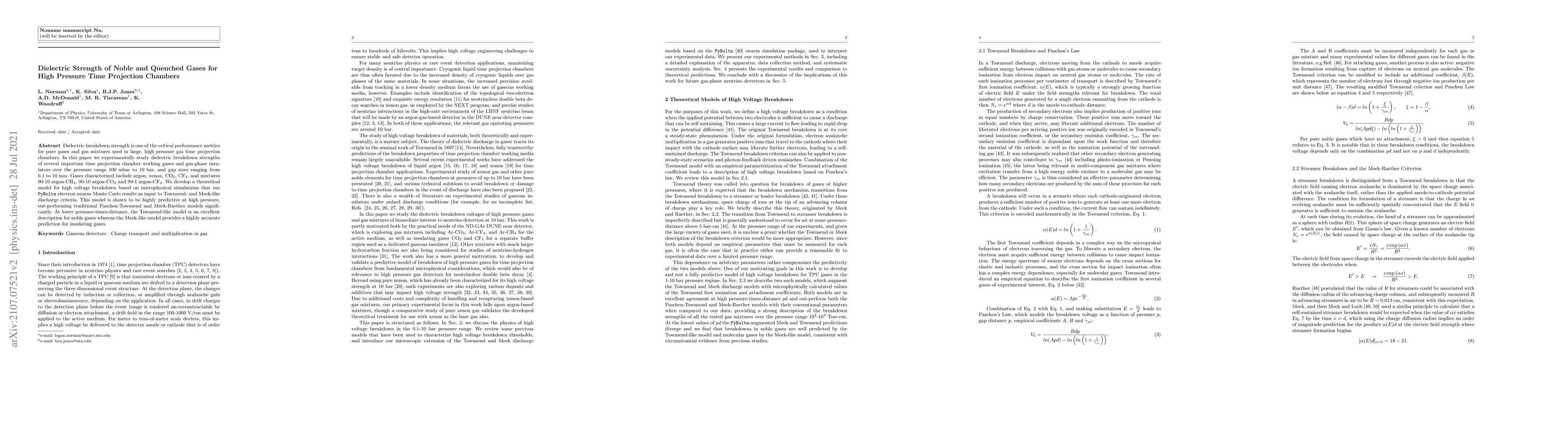 Thumbnail for Dielectric Strength of Noble and Quenched Gases for High Pressure Time
  Projection Chambers