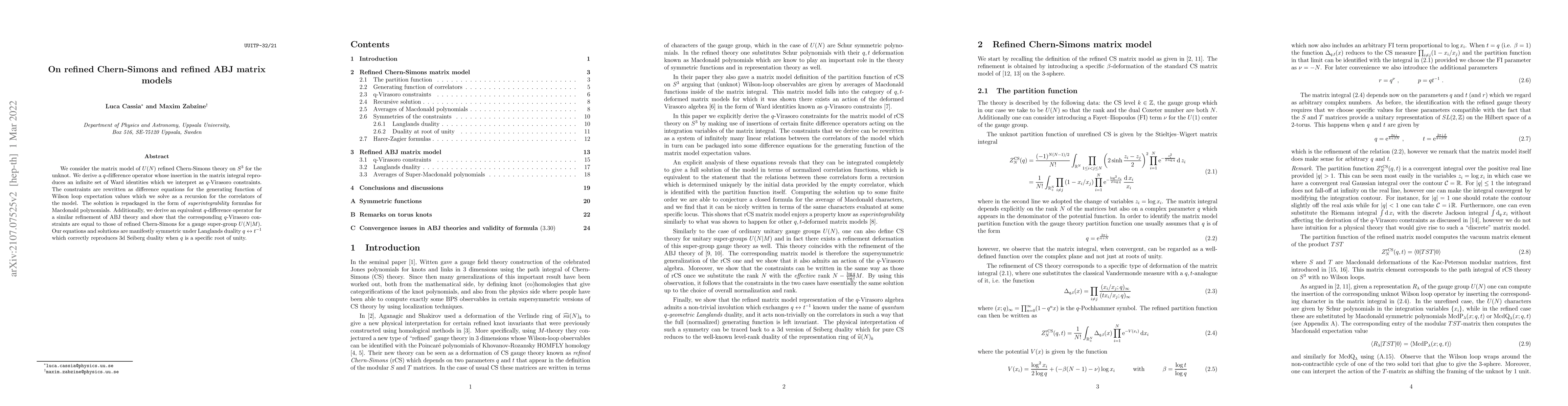 Thumbnail for On refined Chern-Simons and refined ABJ matrix models