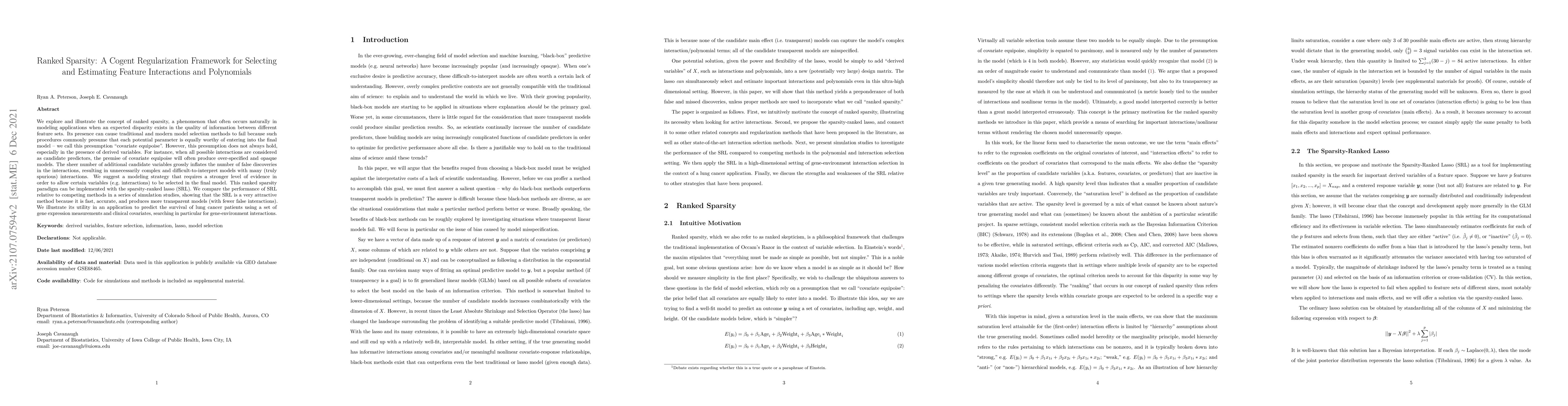 Thumbnail for Ranked Sparsity: A Cogent Regularization Framework for Selecting and
  Estimating Feature Interactions and Polynomials