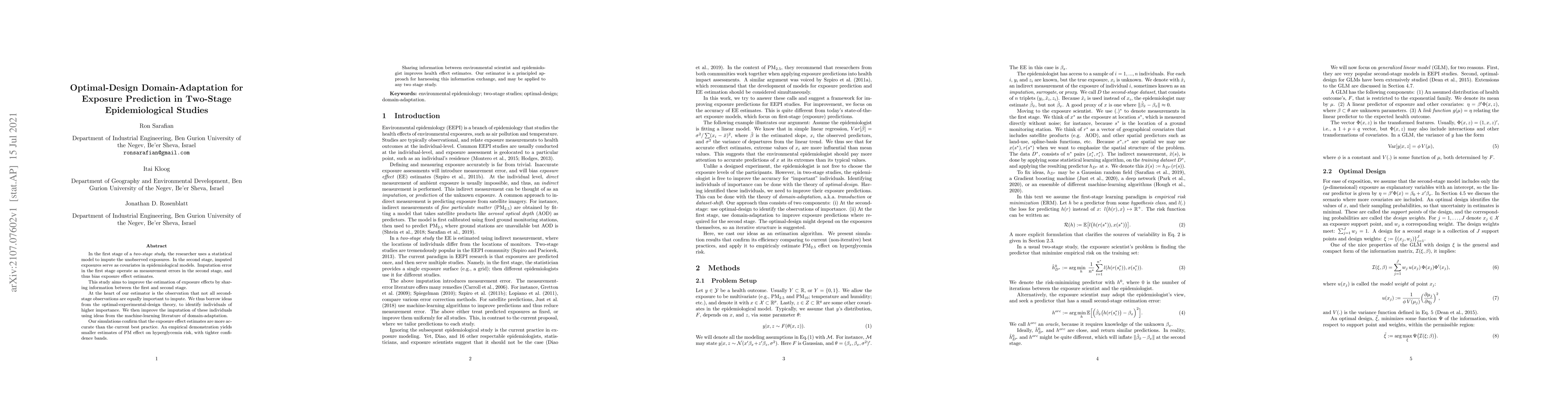 Thumbnail for Optimal-Design Domain-Adaptation for Exposure Prediction in Two-Stage
  Epidemiological Studies
