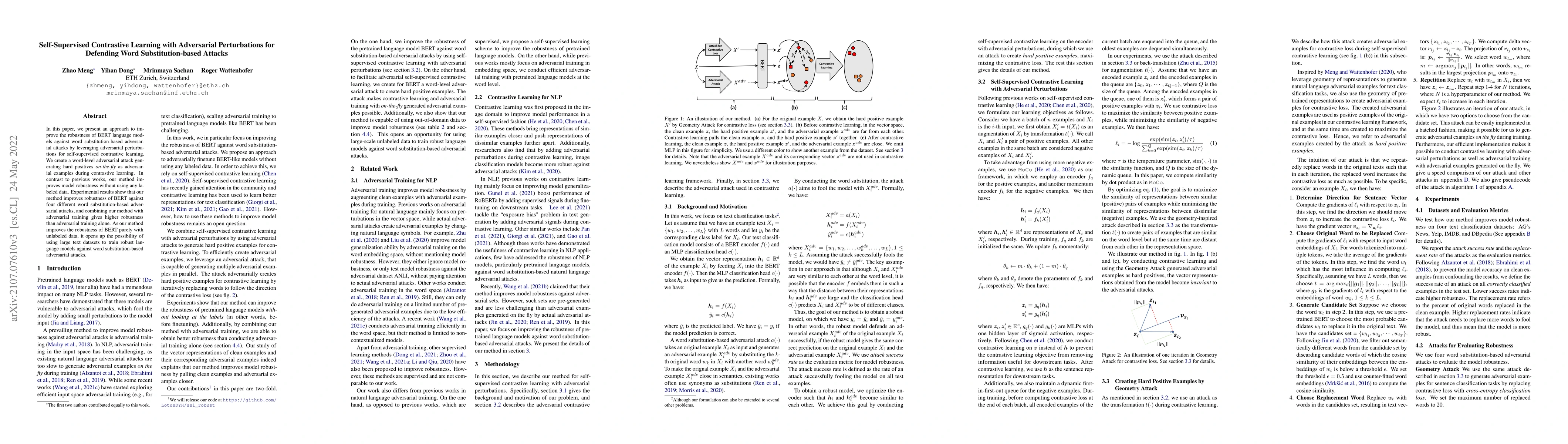 Thumbnail for Self-Supervised Contrastive Learning with Adversarial Perturbations for
  Defending Word Substitution-based Attacks