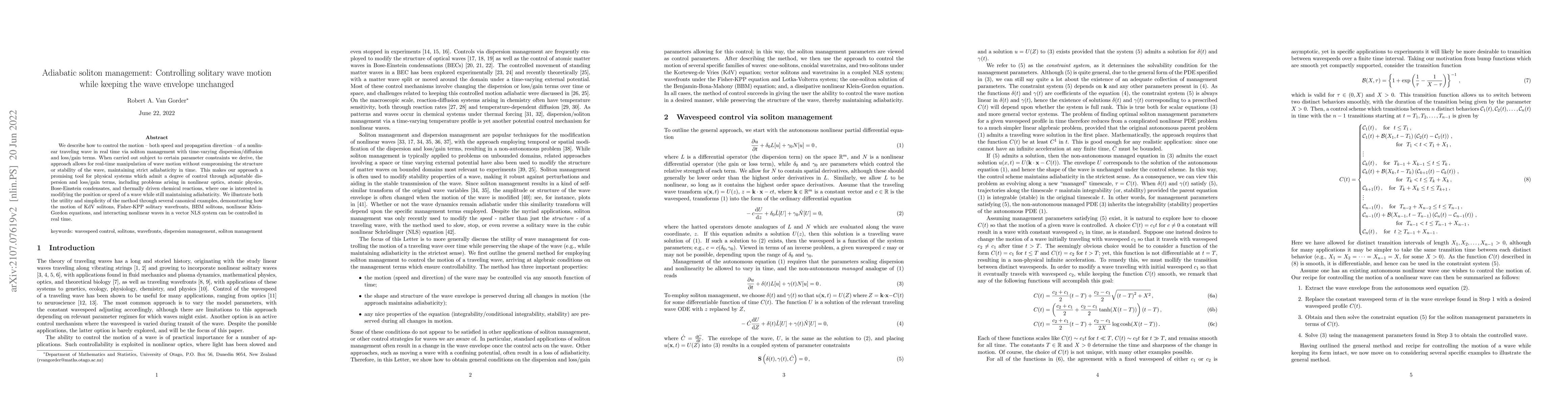 Thumbnail for Adiabatic soliton management: Controlling solitary wave motion while
  keeping the wave envelope unchanged
