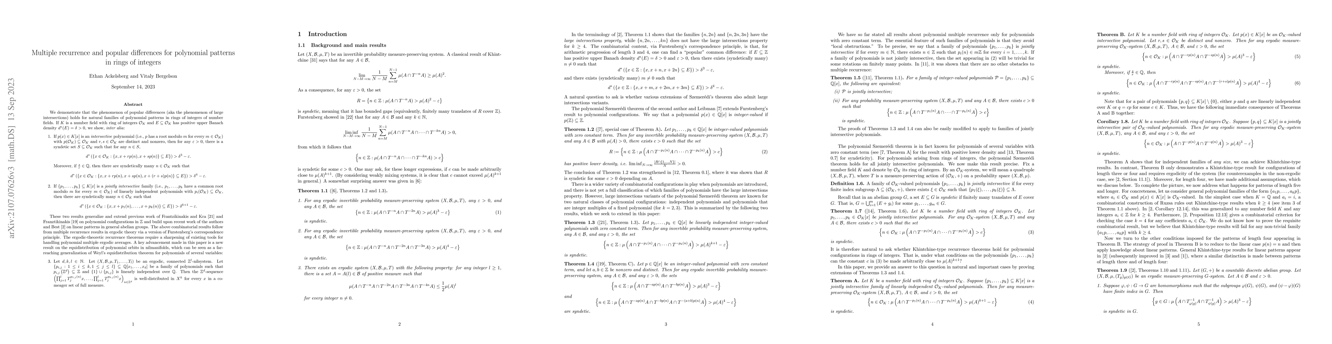 Thumbnail for Multiple recurrence and popular differences for polynomial patterns in
  rings of integers