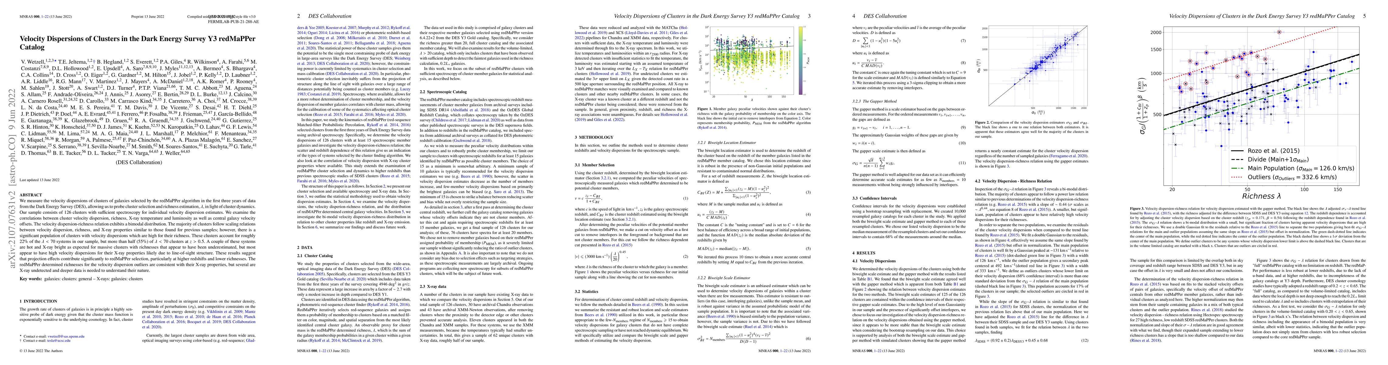 Thumbnail for Velocity Dispersions of Clusters in the Dark Energy Survey Y3 redMaPPer
  Catalog