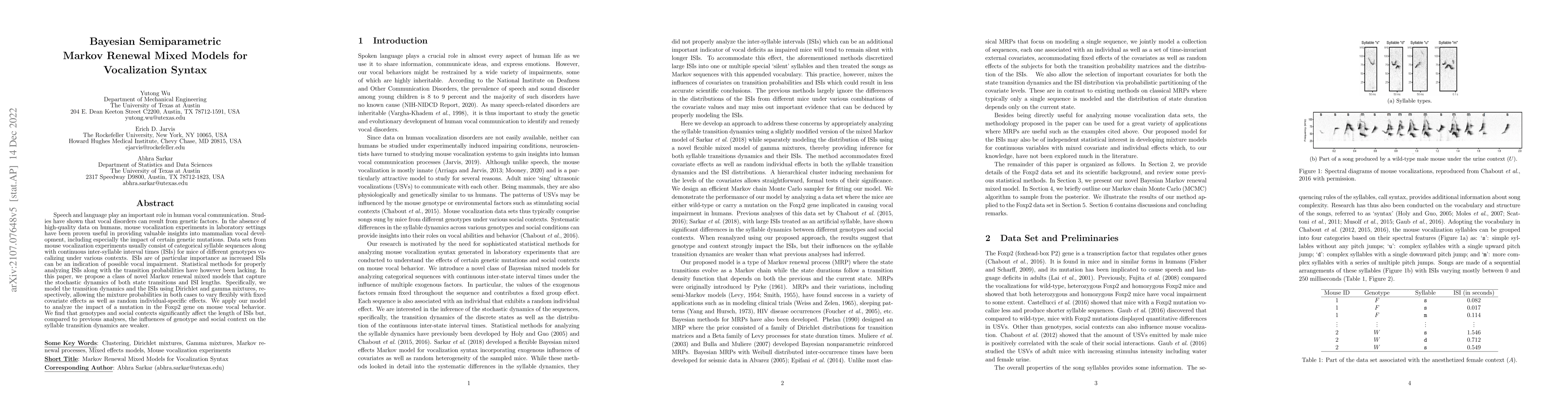 Thumbnail for Bayesian Semiparametric Markov Renewal Mixed Models for Vocalization
  Syntax