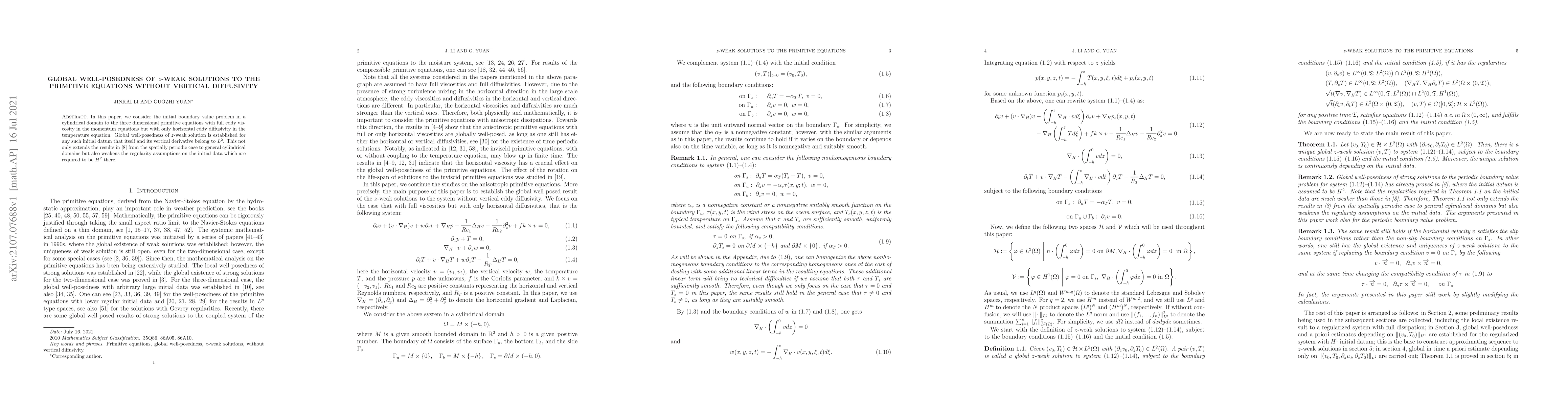 Thumbnail for Global well-posedness of $z$-weak solutions to the primitive equations
  without vertical diffusivity