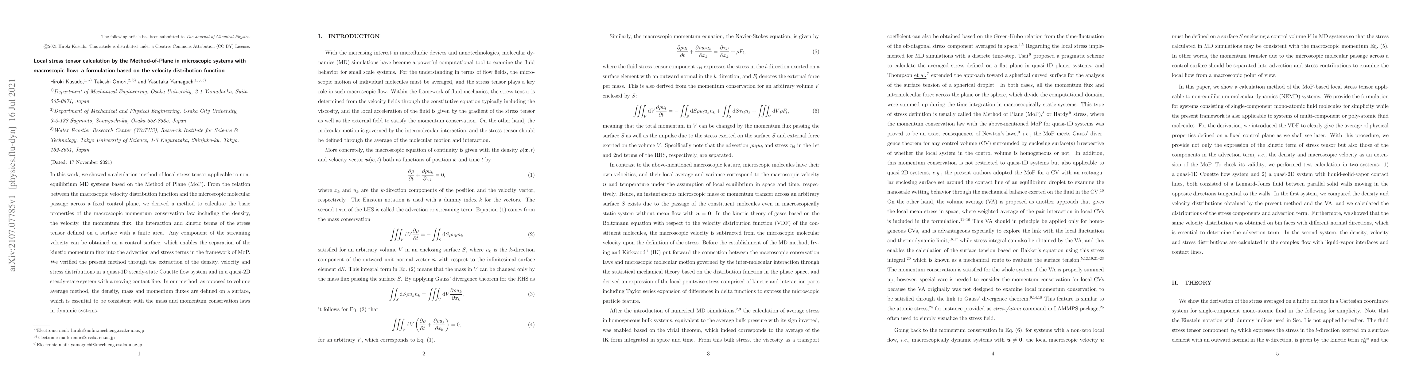 Thumbnail for Local stress tensor calculation by the Method-of-Plane in microscopic
  systems with macroscopic flow: a formulation based on the velocity
  distribution function