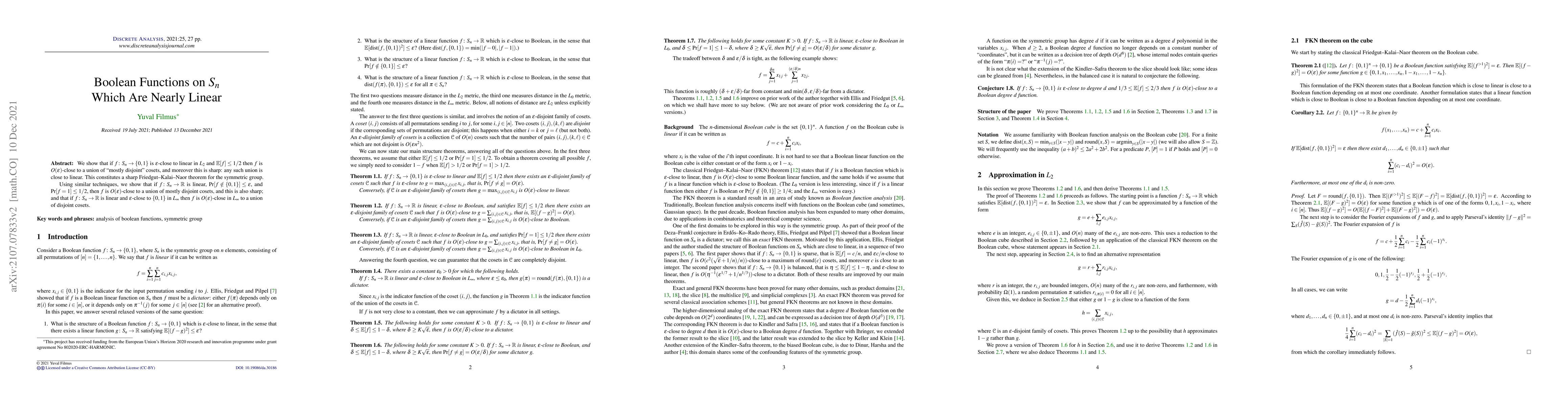 Thumbnail for Boolean functions on $S_n$ which are nearly linear