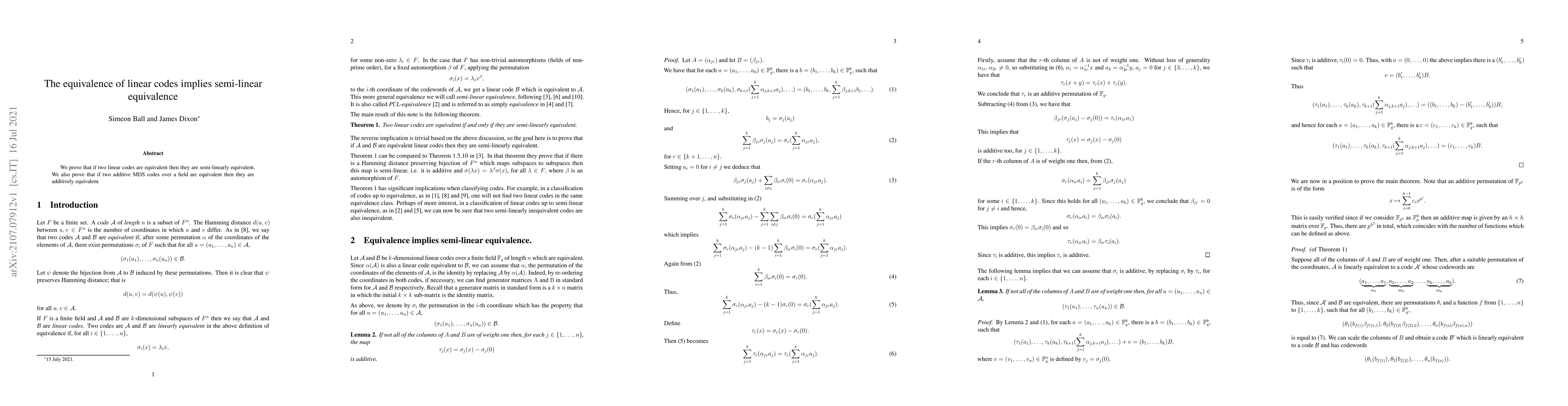 Thumbnail for The equivalence of linear codes implies semi-linear equivalence