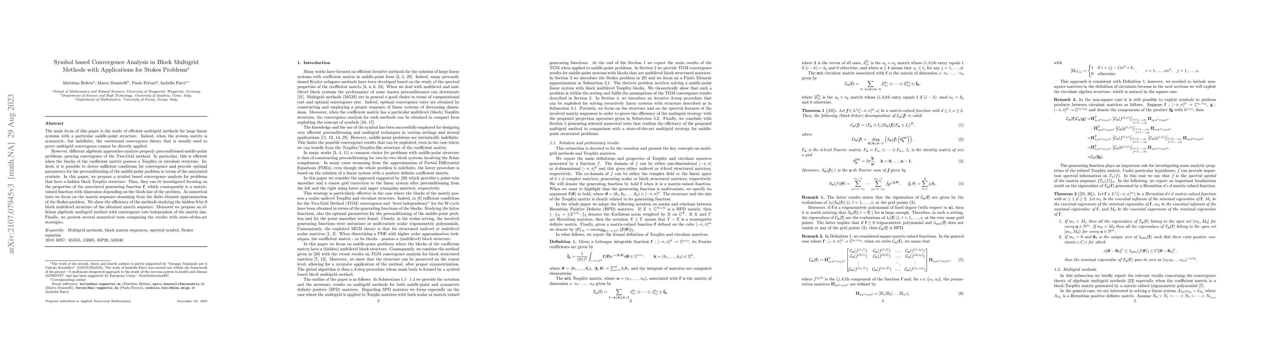 Thumbnail for Symbol based Convergence Analysis in Block Multigrid Methods with
  Applications for Stokes Problems