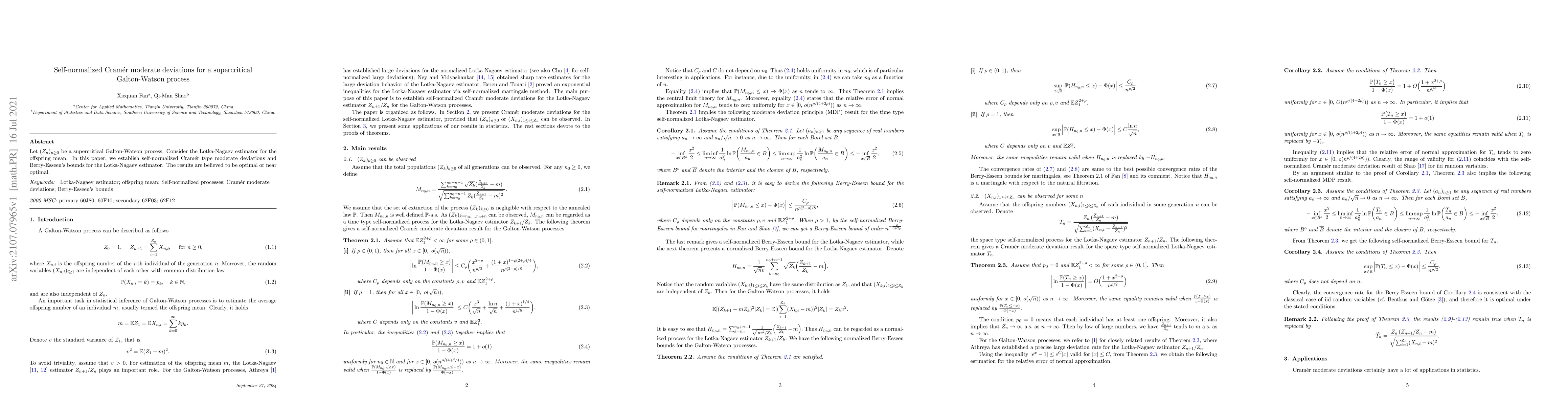 Thumbnail for Self-normalized Cramer moderate deviations for a supercritical
  Galton-Watson process