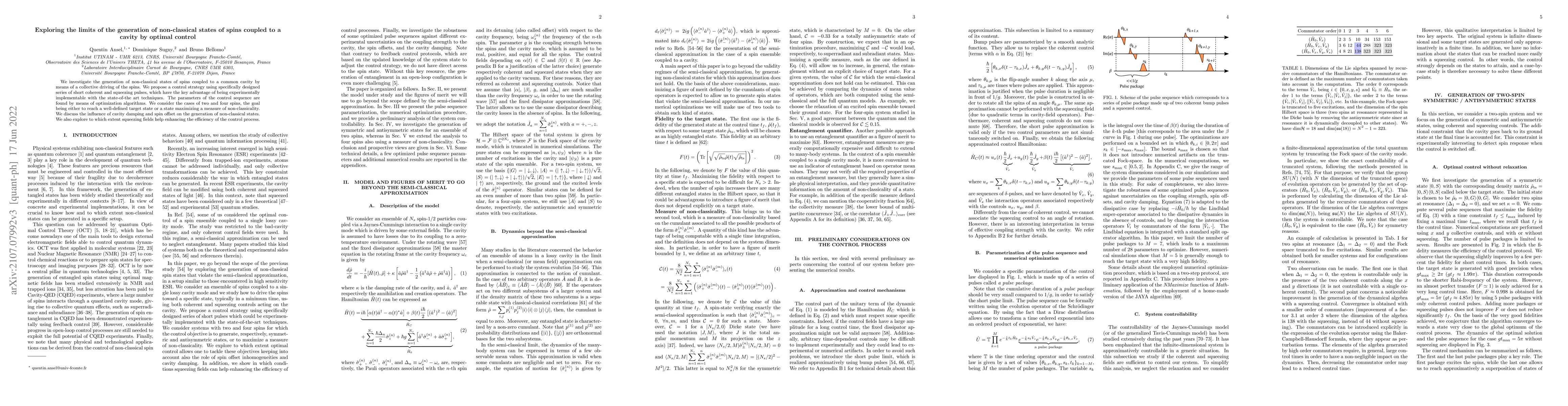 Thumbnail for Exploring the limits of the generation of non-classical states of spins
  coupled to a cavity by optimal control
