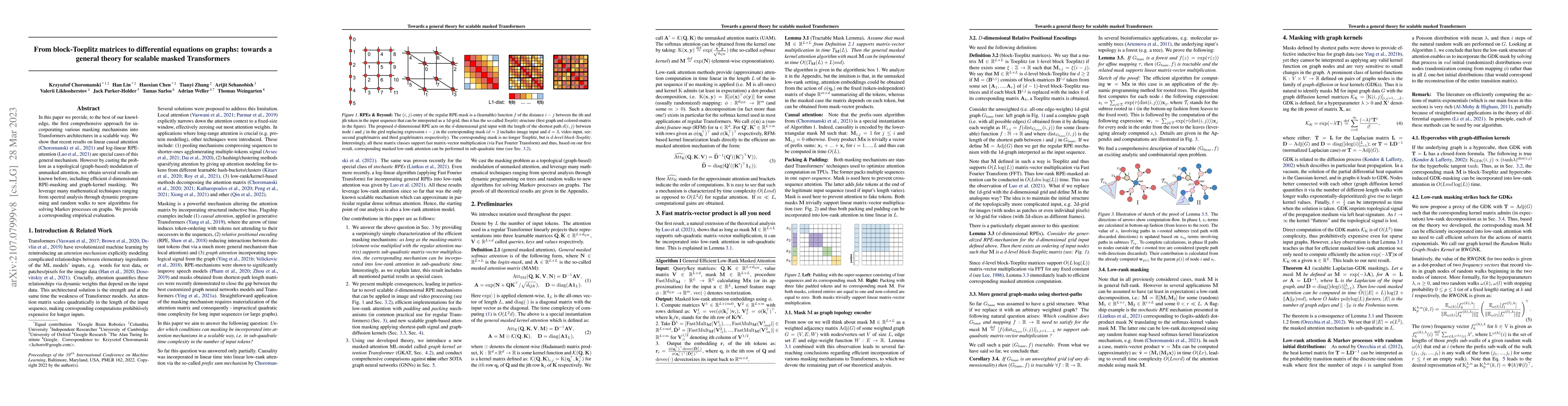 Thumbnail for From block-Toeplitz matrices to differential equations on graphs:
  towards a general theory for scalable masked Transformers