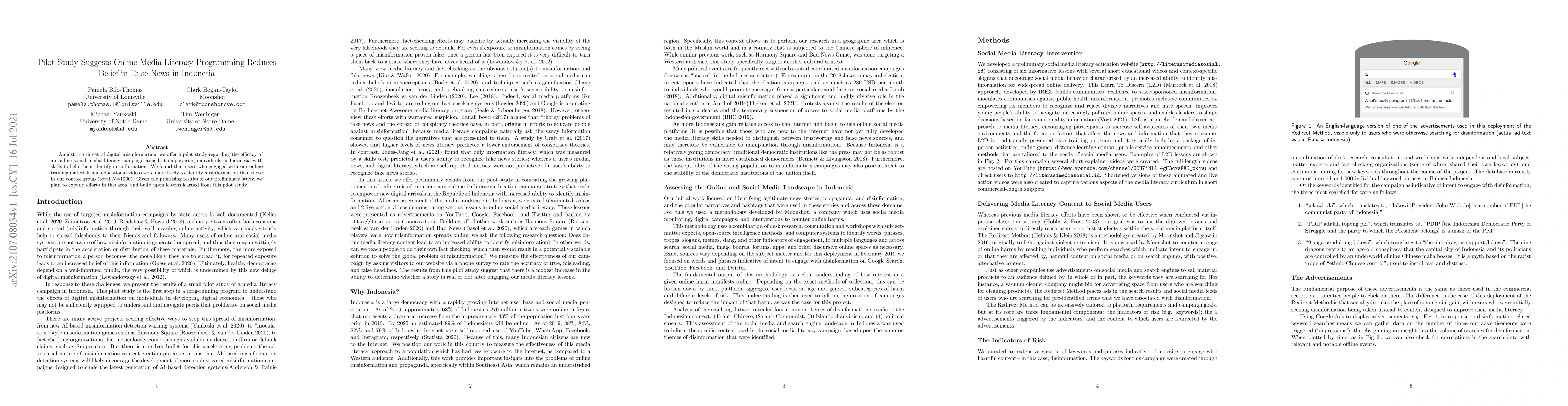 Thumbnail for Pilot Study Suggests Online Media Literacy Programming Reduces Belief in
  False News in Indonesia