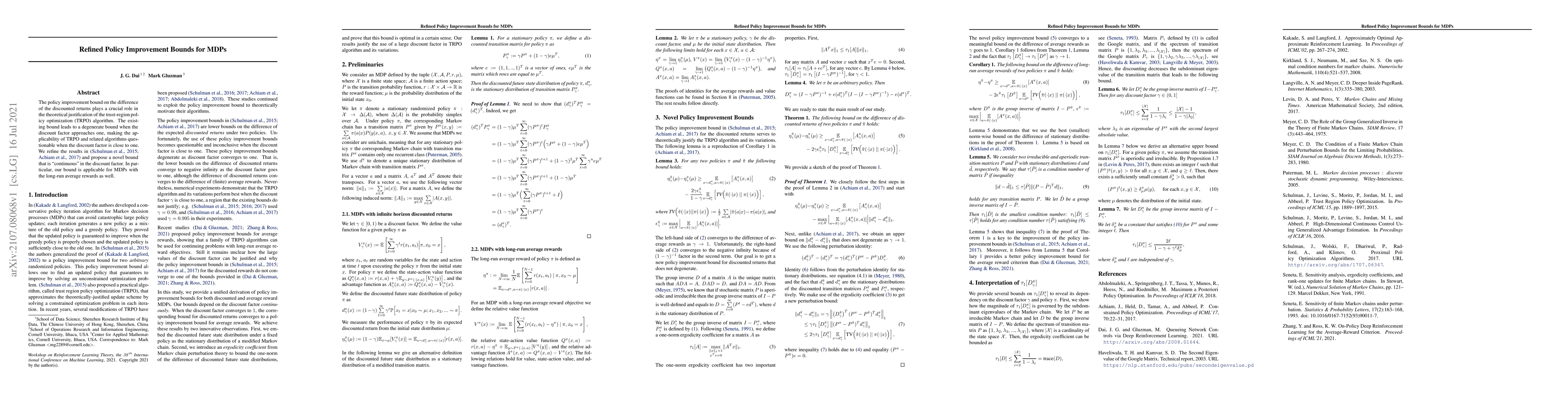 Thumbnail for Refined Policy Improvement Bounds for MDPs