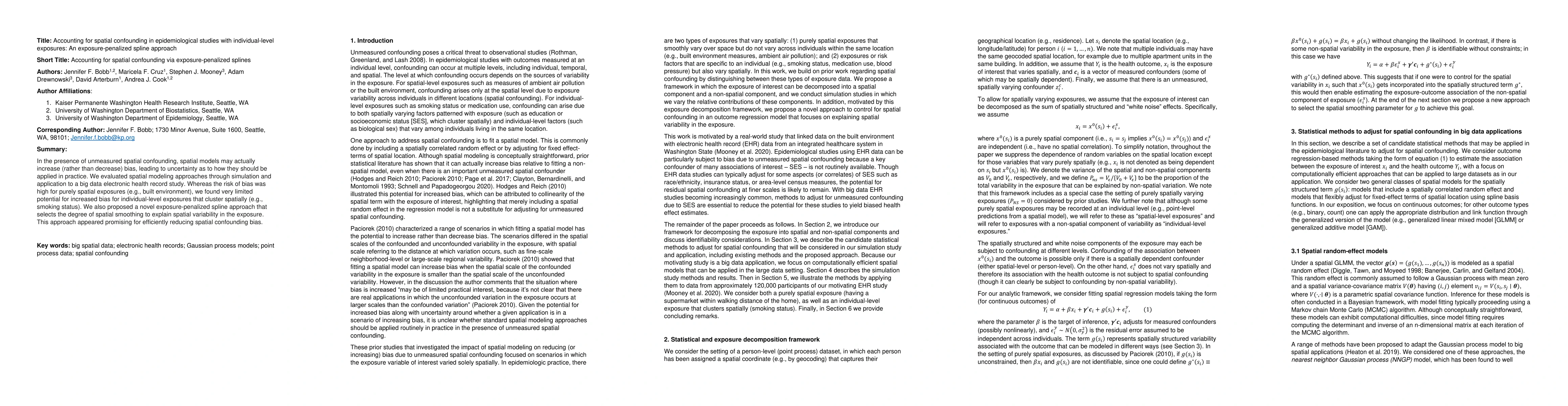 Thumbnail for Accounting for spatial confounding in epidemiological studies with
  individual-level exposures: An exposure-penalized spline approach