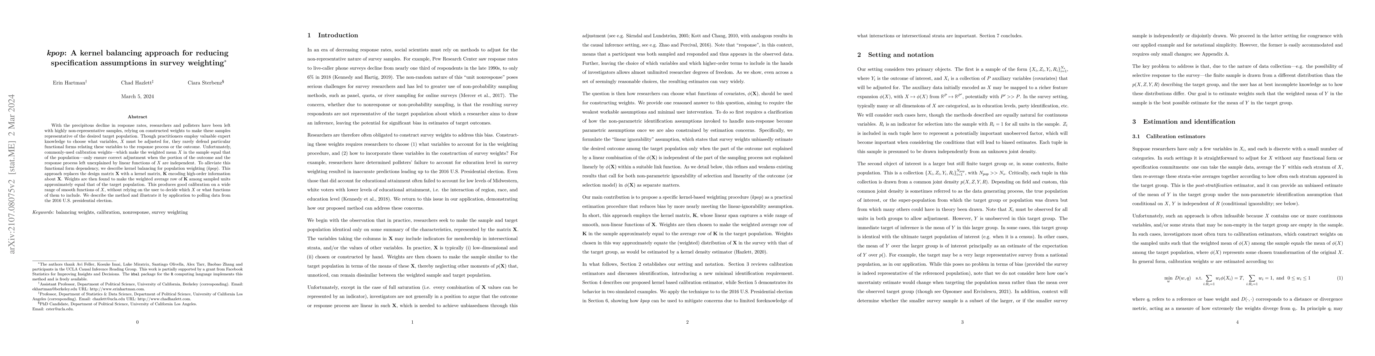 Thumbnail for Kpop: A kernel balancing approach for reducing specification assumptions
  in survey weighting