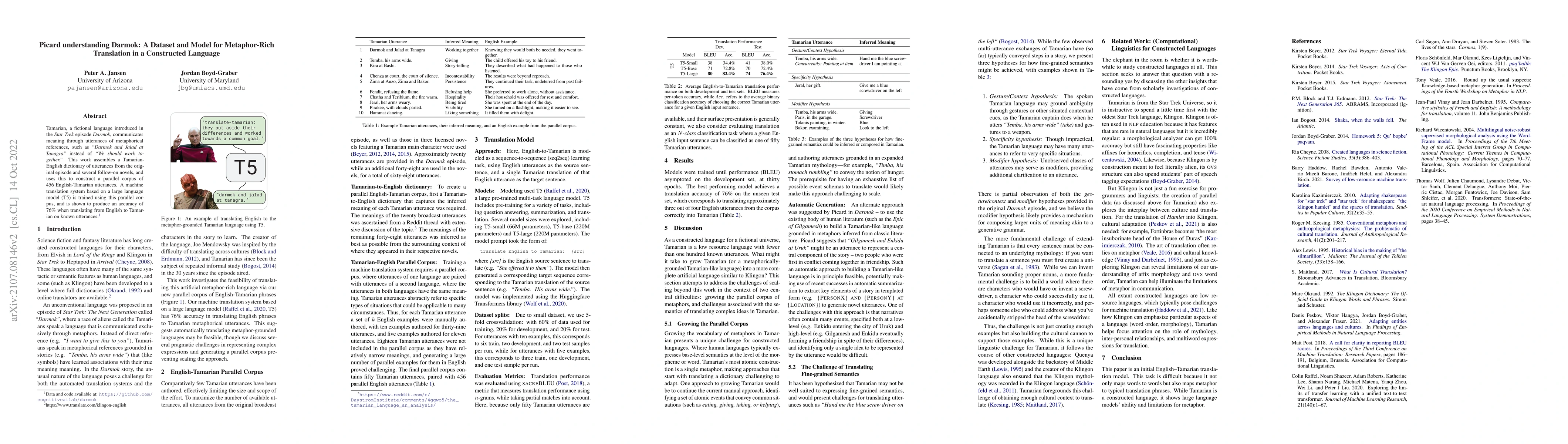 Thumbnail for Picard understanding Darmok: A Dataset and Model for Metaphor-Rich
  Translation in a Constructed Language