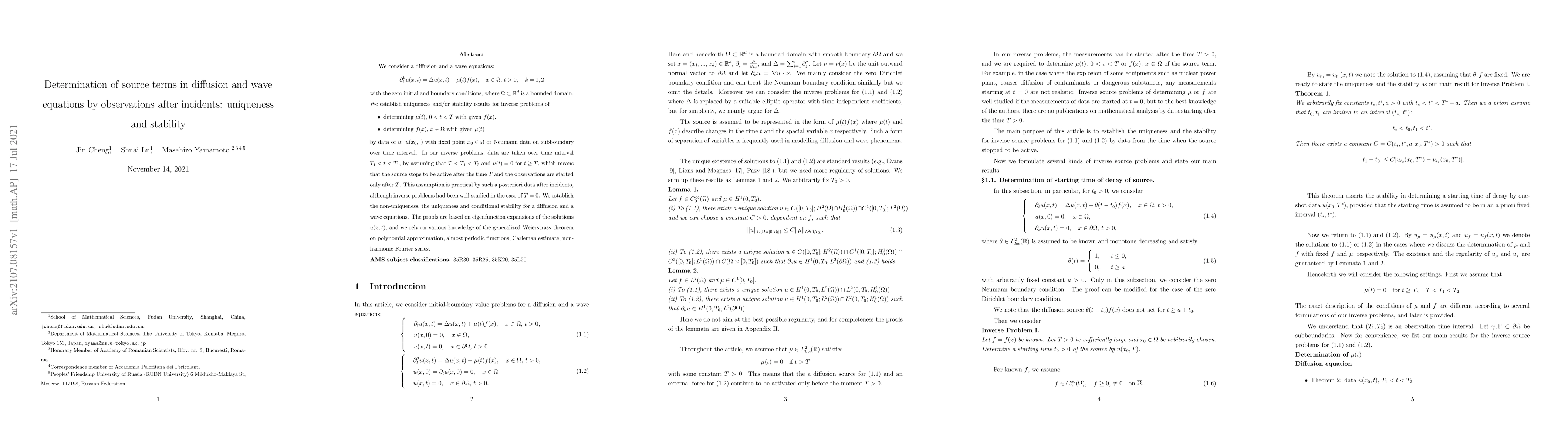Thumbnail for Determination of source terms in diffusion and wave equations by
  observations after incidents: uniqueness and stability