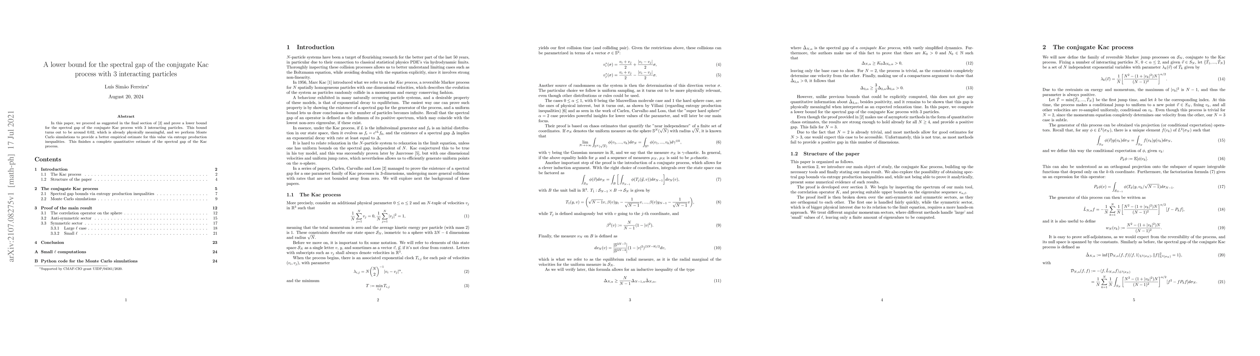 Thumbnail for A lower bound for the spectral gap of the conjugate Kac process with 3
  interacting particles