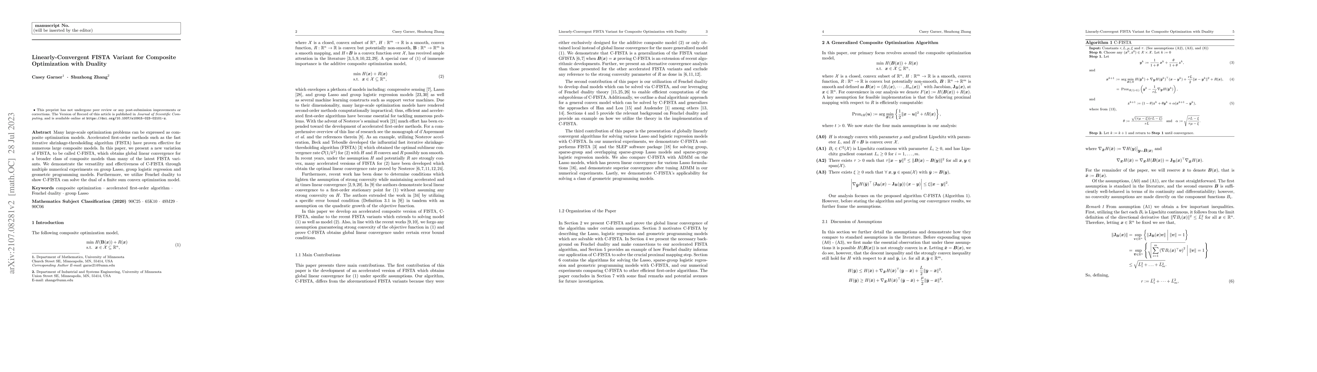 Thumbnail for Linearly-Convergent FISTA Variant for Composite Optimization with
  Duality