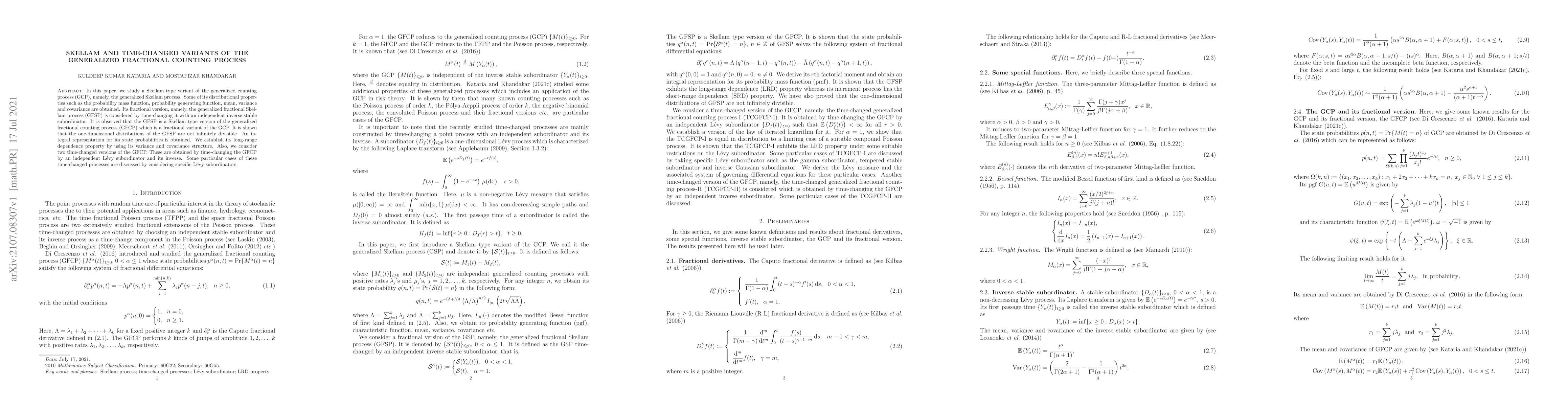 Thumbnail for Skellam and Time-Changed Variants of the Generalized Fractional Counting
  Process