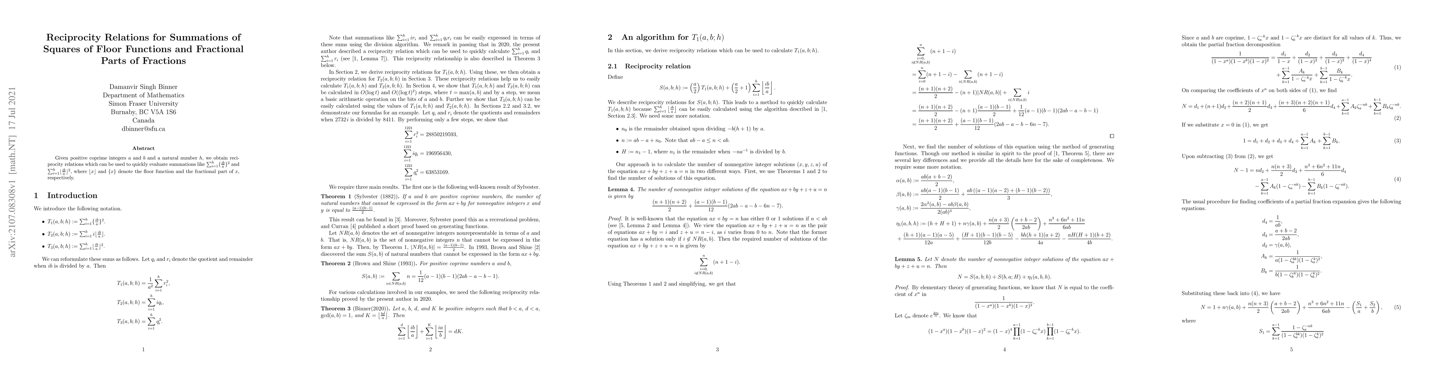 Thumbnail for Reciprocity Relations for Summations of Squares of Floor Functions and
  Fractional Parts of Fractions