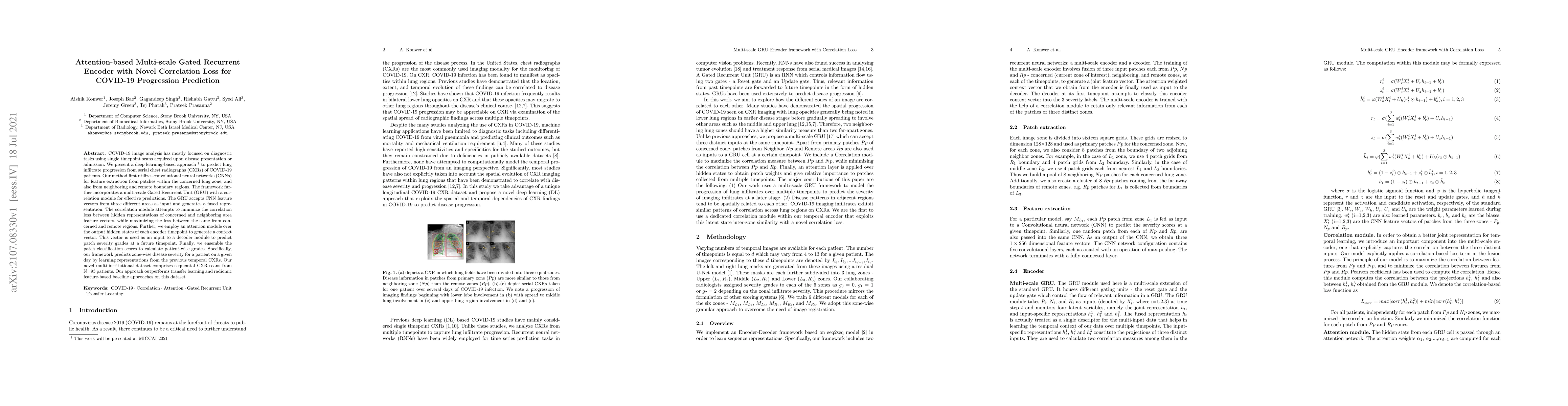 Thumbnail for Attention-based Multi-scale Gated Recurrent Encoder with Novel
  Correlation Loss for COVID-19 Progression Prediction