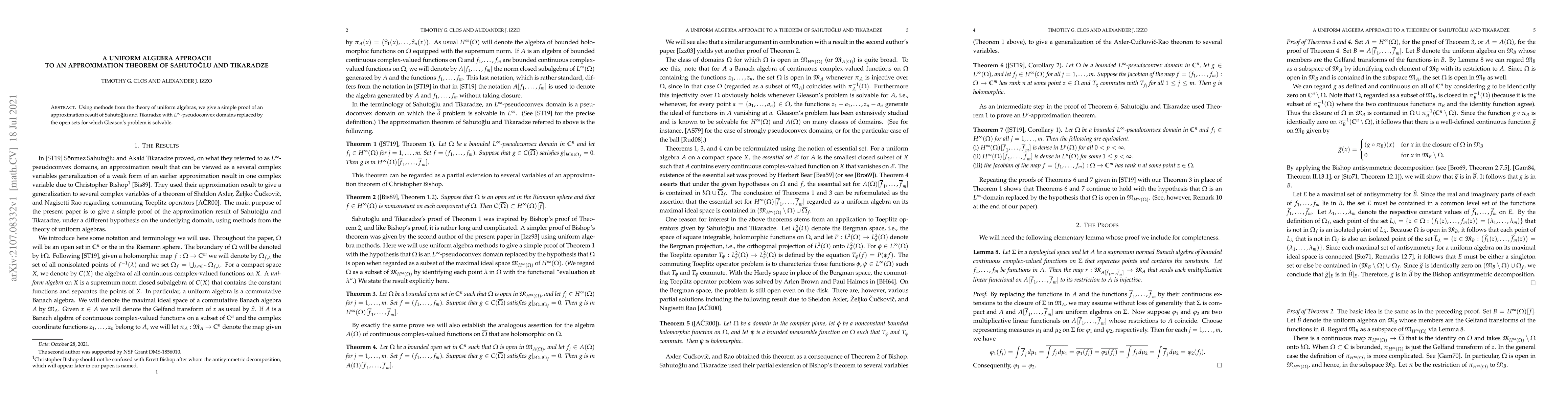 Thumbnail for A uniform algebra approach to an approximation theorem of Sahutoglu and
  Tikaradze