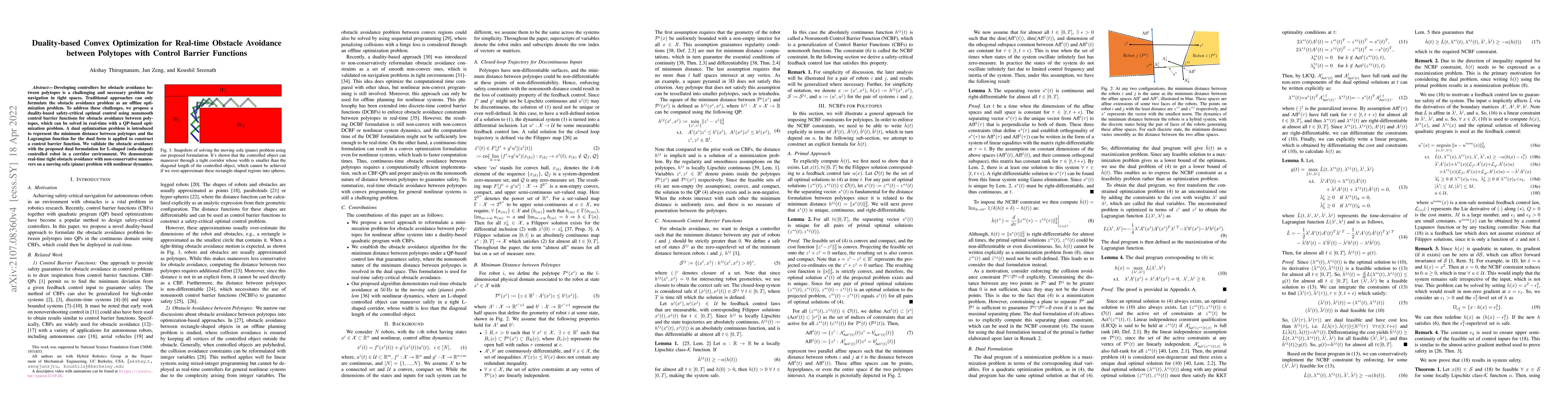 Thumbnail for Duality-based Convex Optimization for Real-time Obstacle Avoidance
  between Polytopes with Control Barrier Functions