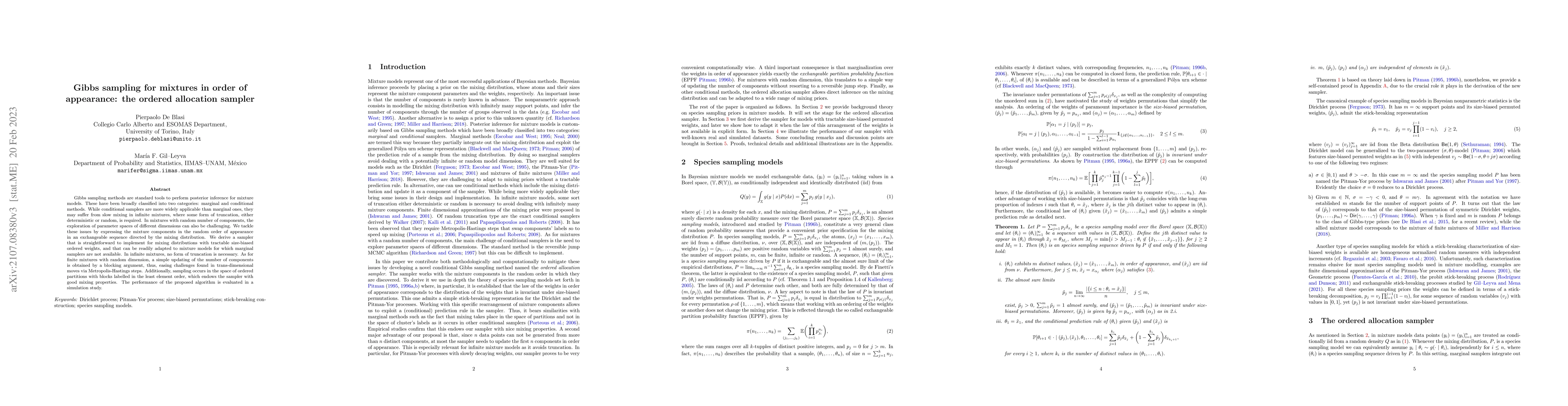 Thumbnail for Gibbs sampling for mixtures in order of appearance: the ordered
  allocation sampler