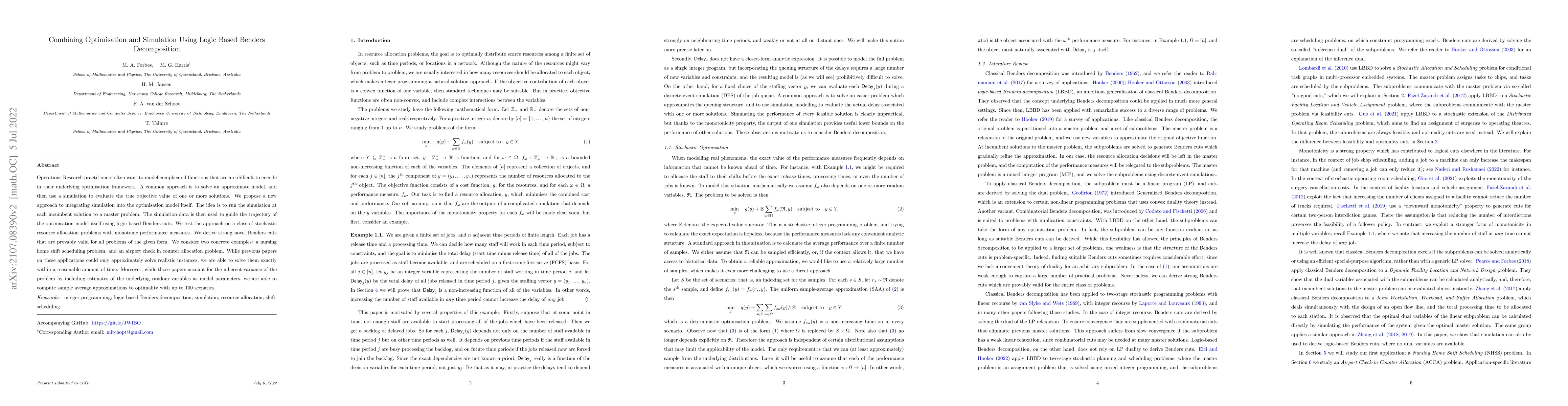 Thumbnail for Combining Optimisation and Simulation Using Logic-Based Benders
  Decomposition