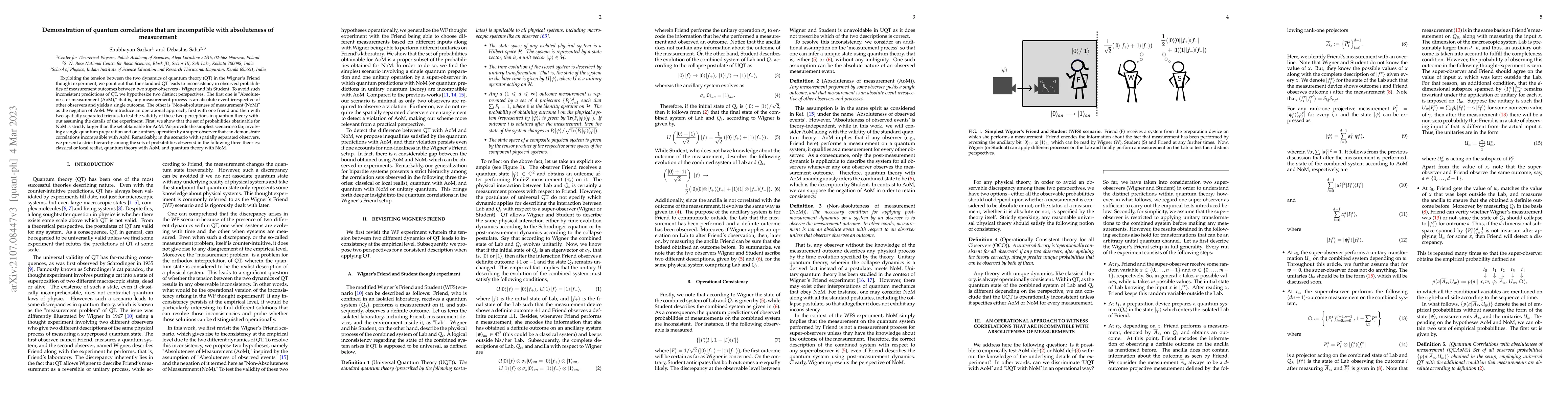 Thumbnail for Demonstration of quantum correlations that are incompatible with
  absoluteness of measurement