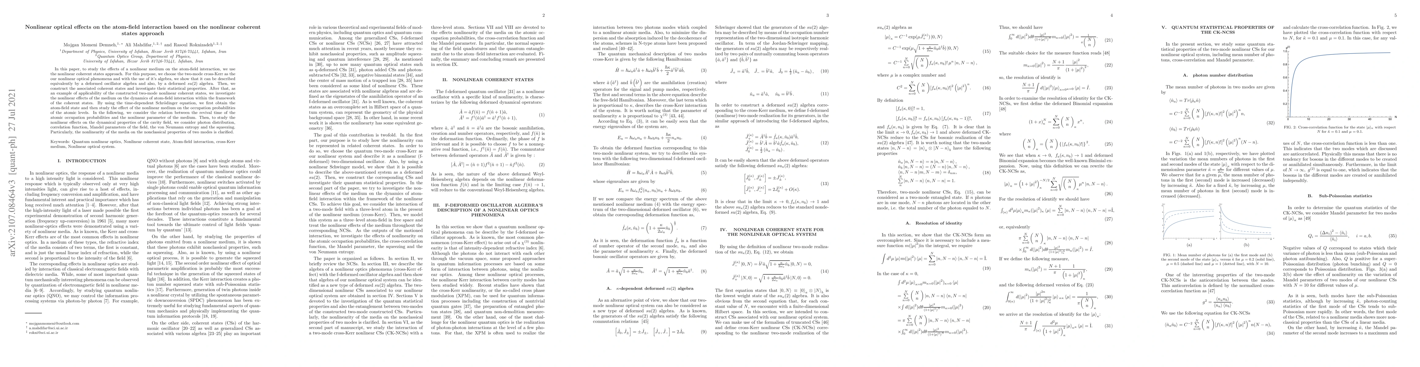 Thumbnail for Nonlinear optical effects on the atom-field interaction based on the
  nonlinear coherent states approach