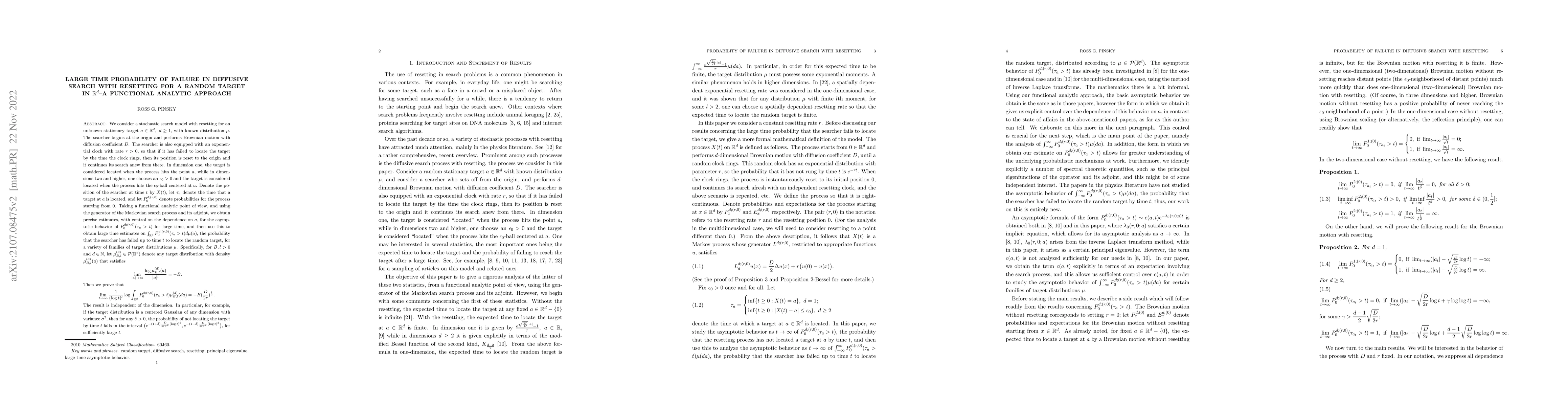 Thumbnail for Large time probability of failure in diffusive search with resetting in
  arbitrary dimension--a functional analytic approach
