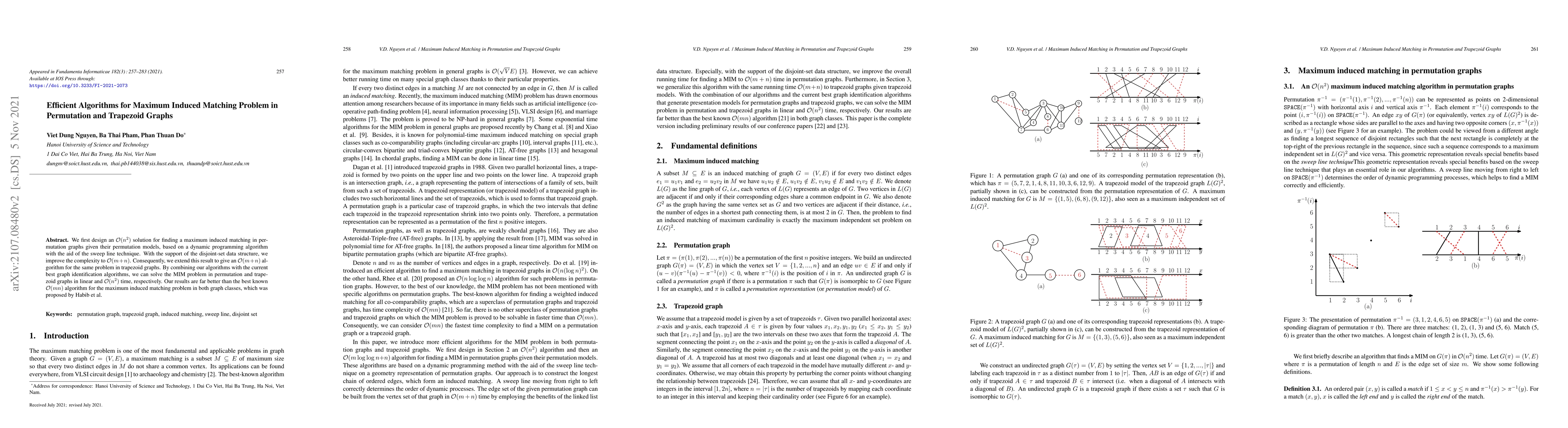 Thumbnail for Efficient algorithms for maximum induced matching problem in permutation
  and trapezoid graphs