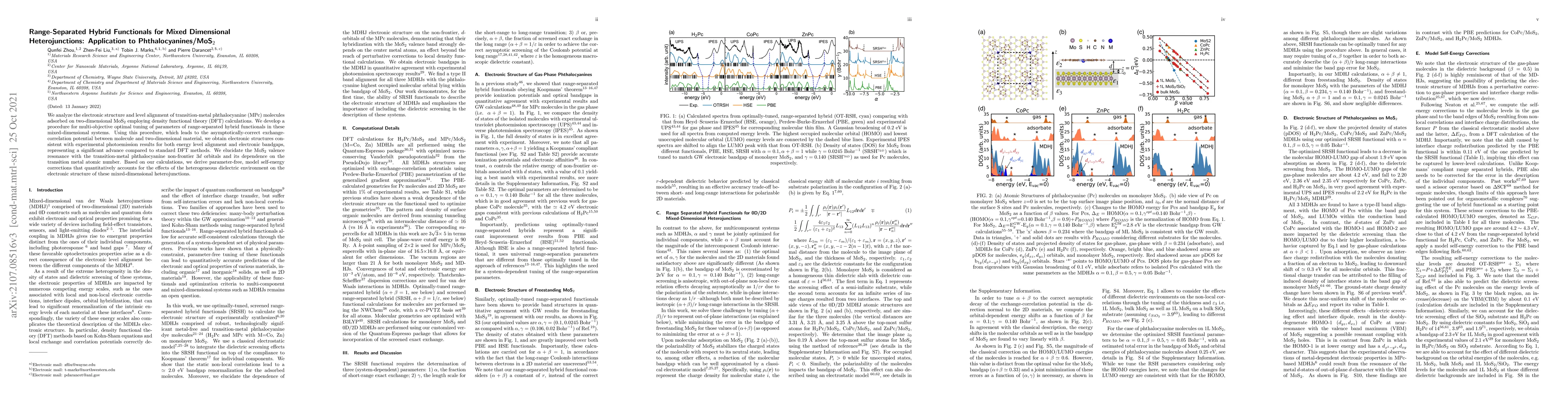 Thumbnail for Range-Separated Hybrid Functionals for Mixed-Dimensional
  Heterojunctions: Application to Phthalocyanines/MoS2