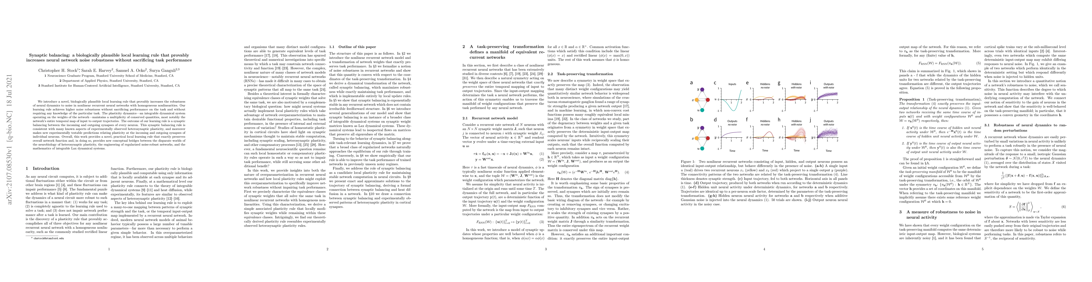 Thumbnail for Synaptic balancing: a biologically plausible local learning rule that
  provably increases neural network noise robustness without sacrificing task
  performance