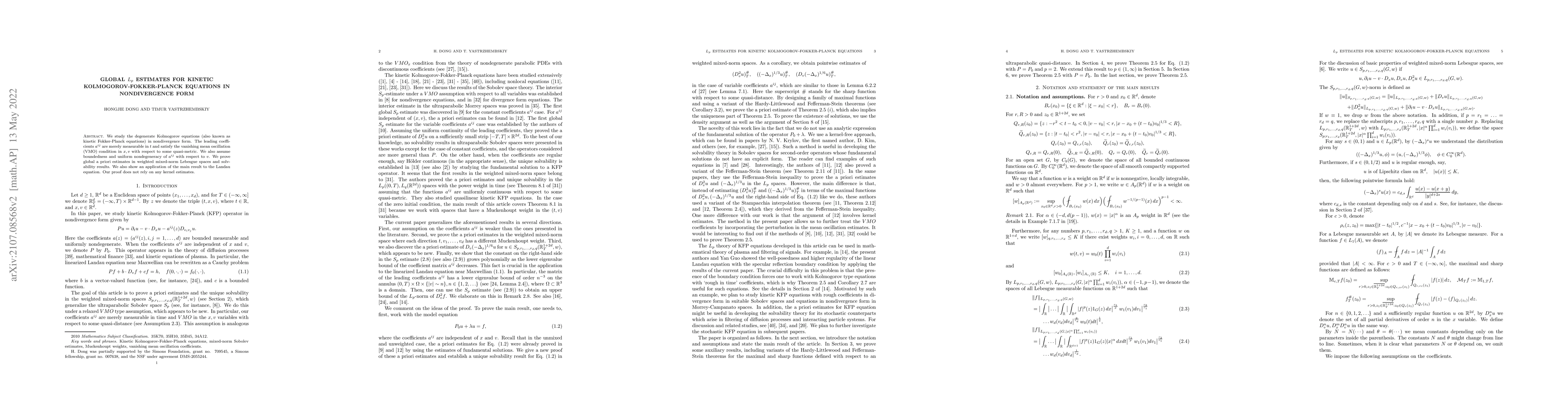 Thumbnail for Global $L_p$ estimates for kinetic Kolmogorov-Fokker-Planck equations in
  nondivergence form